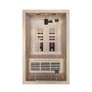 Infracrvena sauna JJSPA JI120A sa staklenim vratima, drvenom klupom i infracrvenim grijačima – pogled sprijeda.