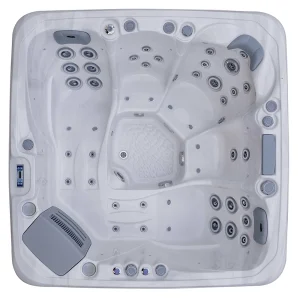 Masažni bazen JJSPA Beta 523 s bijelim mramornim akrilom, tlocrt i pogled odozgo.