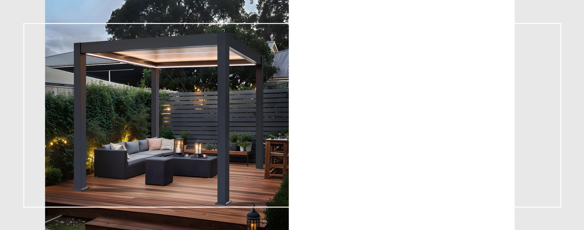Aluminijasta pergola na leseni terasi z ambientalno osvetlitvijo